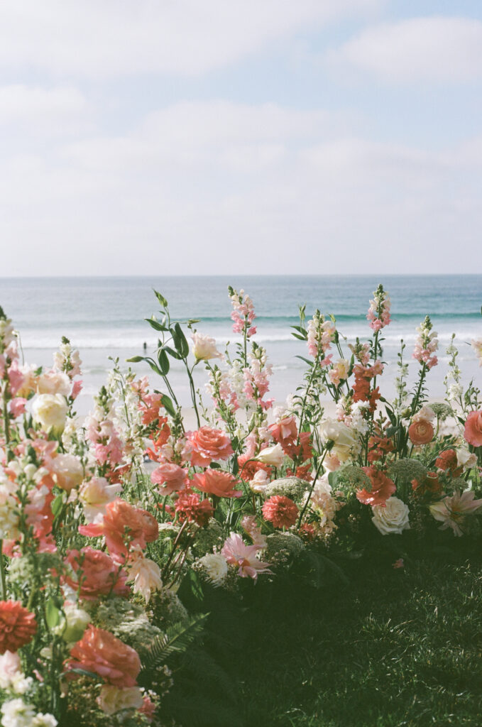 Film photograph of colorful California coast wedding flowers