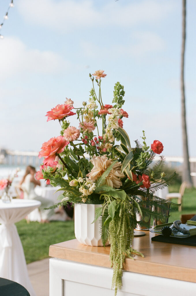 Film photograph of a colorful California coast wedding floral arrangement