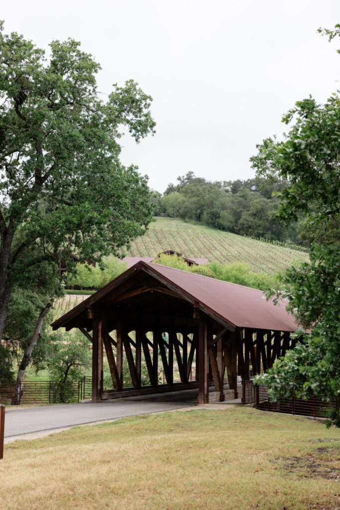 Covered bridge and vineyard landscape at Halter Ranch in Paso Robles