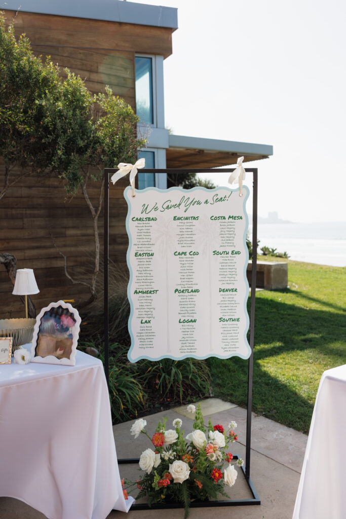 Wedding seating chart featuring cities from California, Boston, and beyond